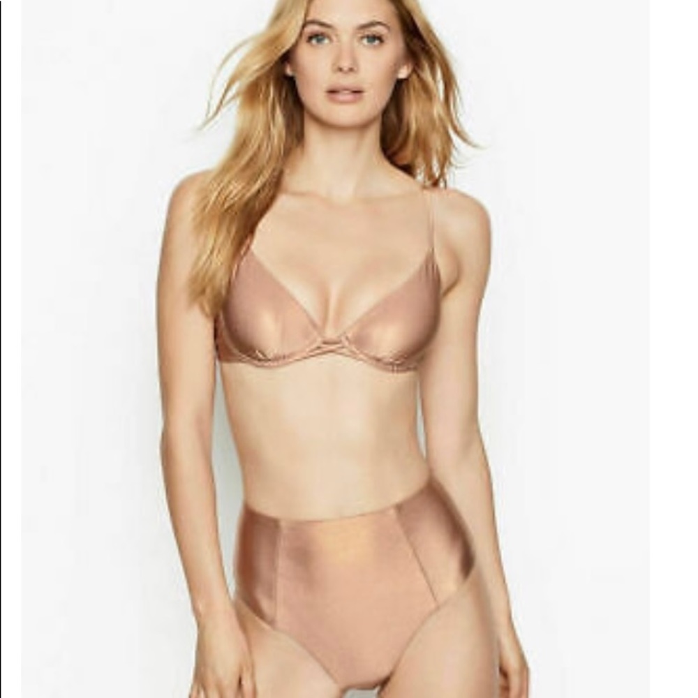 Victoria Secret metallic scoop underwire . High waisted bottom color rose sand
